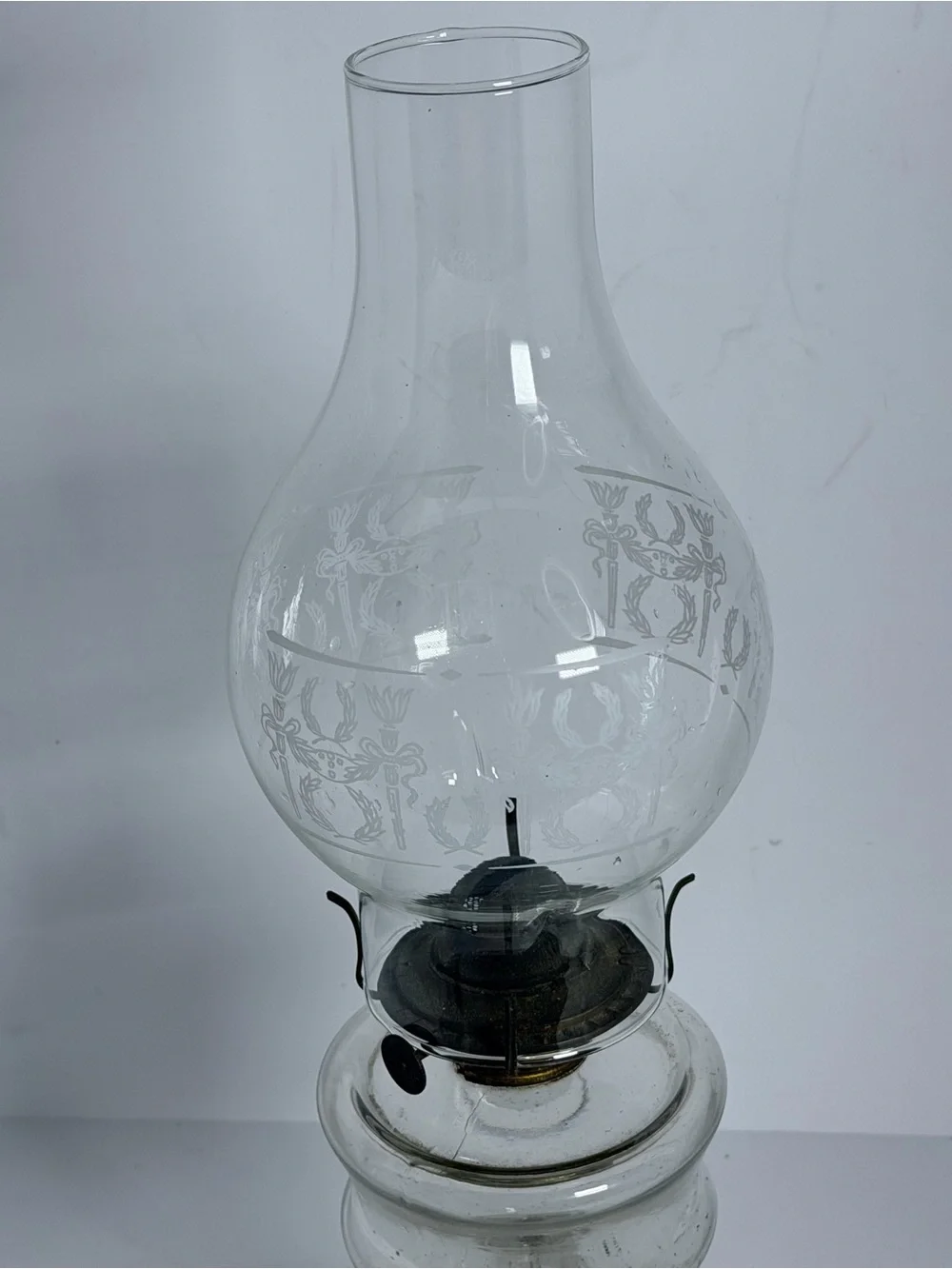Vintage Clear Glass Pedestal Oil Lamp with Etched Chimney – 17